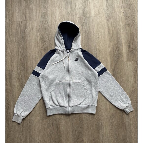 Rare Vintage 80s Nike Swoosh Full Zip Sweater Hoodie Youth Kids XL Gray Blue - Picture 1 of 16
